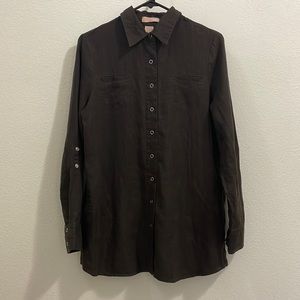 wear it Linen Tab Sleeve Snap Button Tunic Shirt Dress - Dark Brown